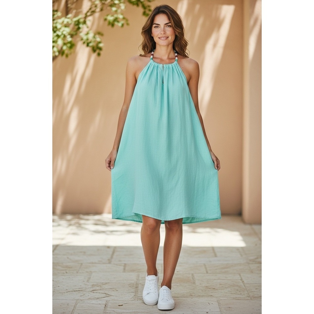 St Tropez West Linen Halter Swing Dress M Fairycore Coastal Cowgirl Boho Y2K New